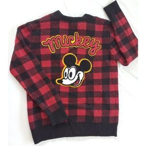 Disney/Forever 21 Mickey Mouse Cardigan Jacket 10 Plaid Flannel Chunky‎ Knt Red